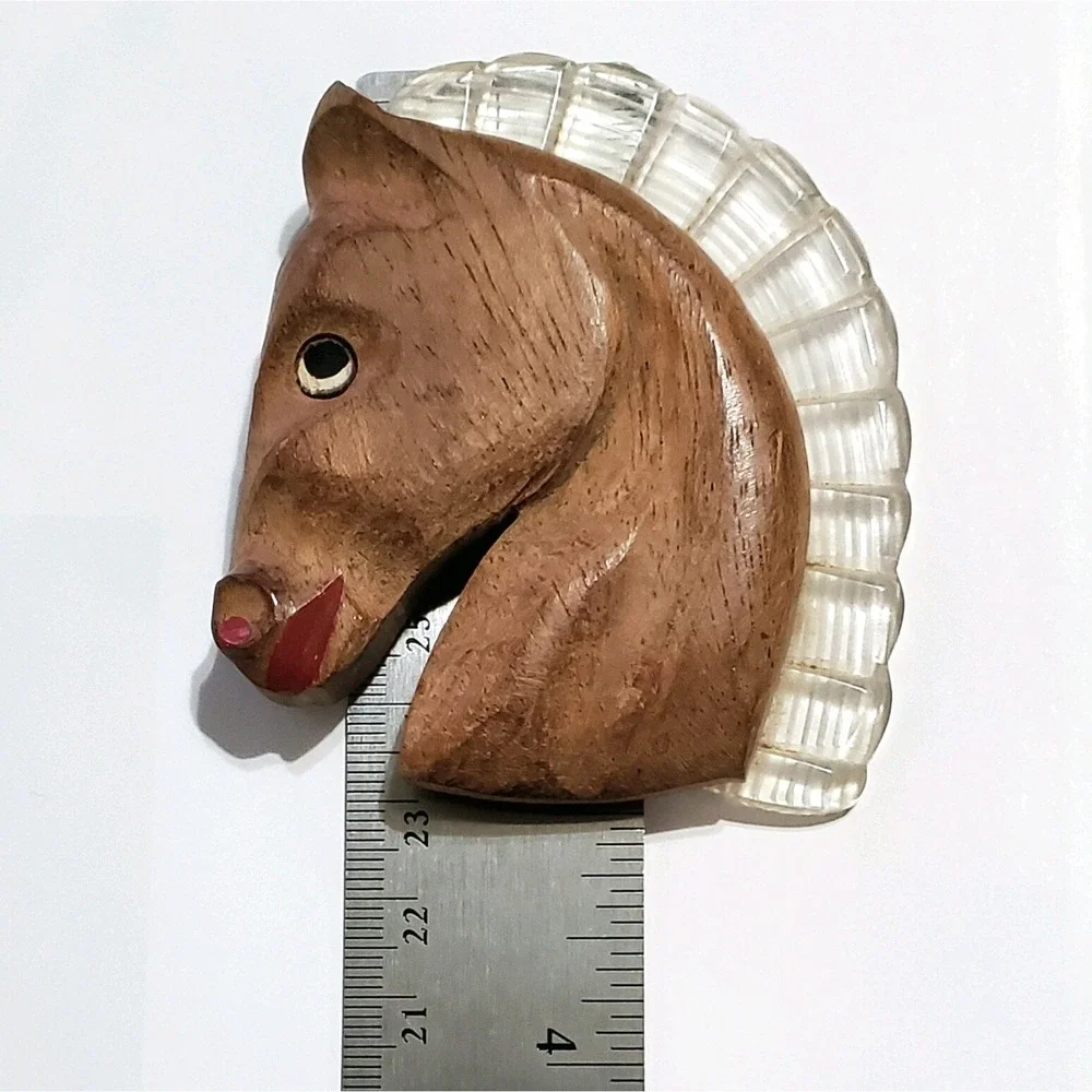 RARE Vintage Wood Horse Brooch Lucite Brooch Pin LARGE 3 1/8 x 2 3/4 inches